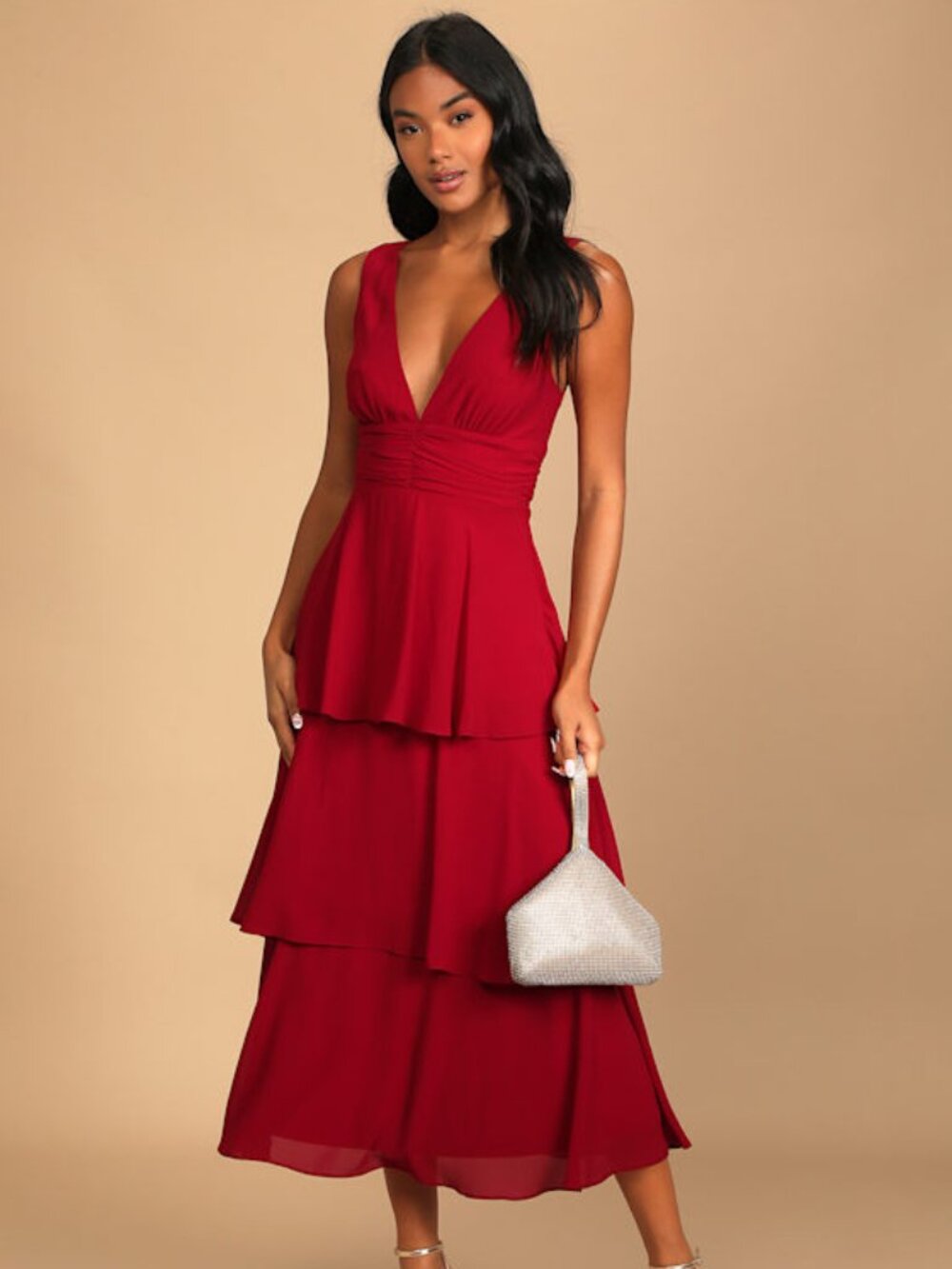Lulus Celebration Time Red Sleeveless Tiered Midi Dress - Size XXL